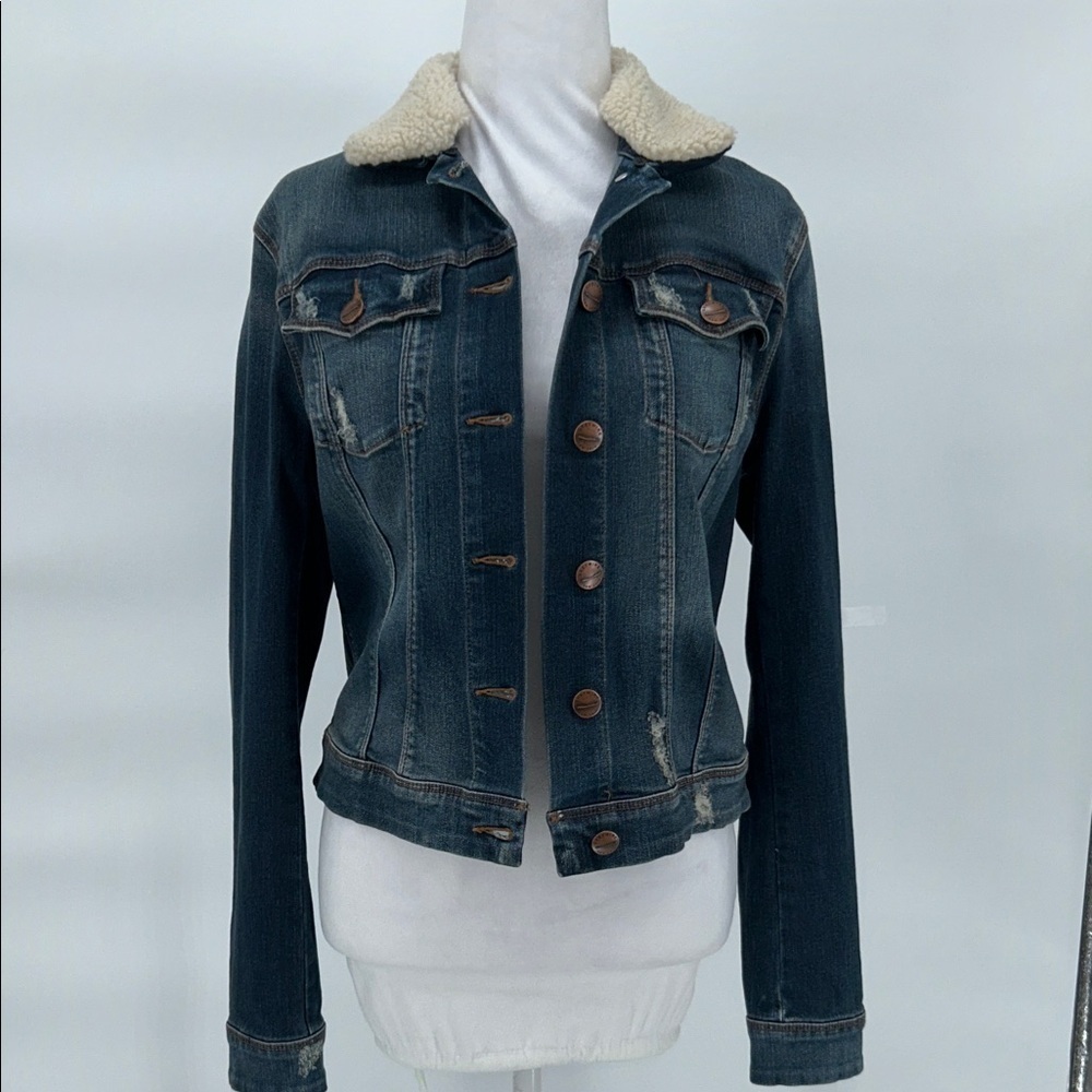 Greywire Sherpa Collar Denim Jacket Dark Wash Fitted Women Size L - Picture 3 of 12
